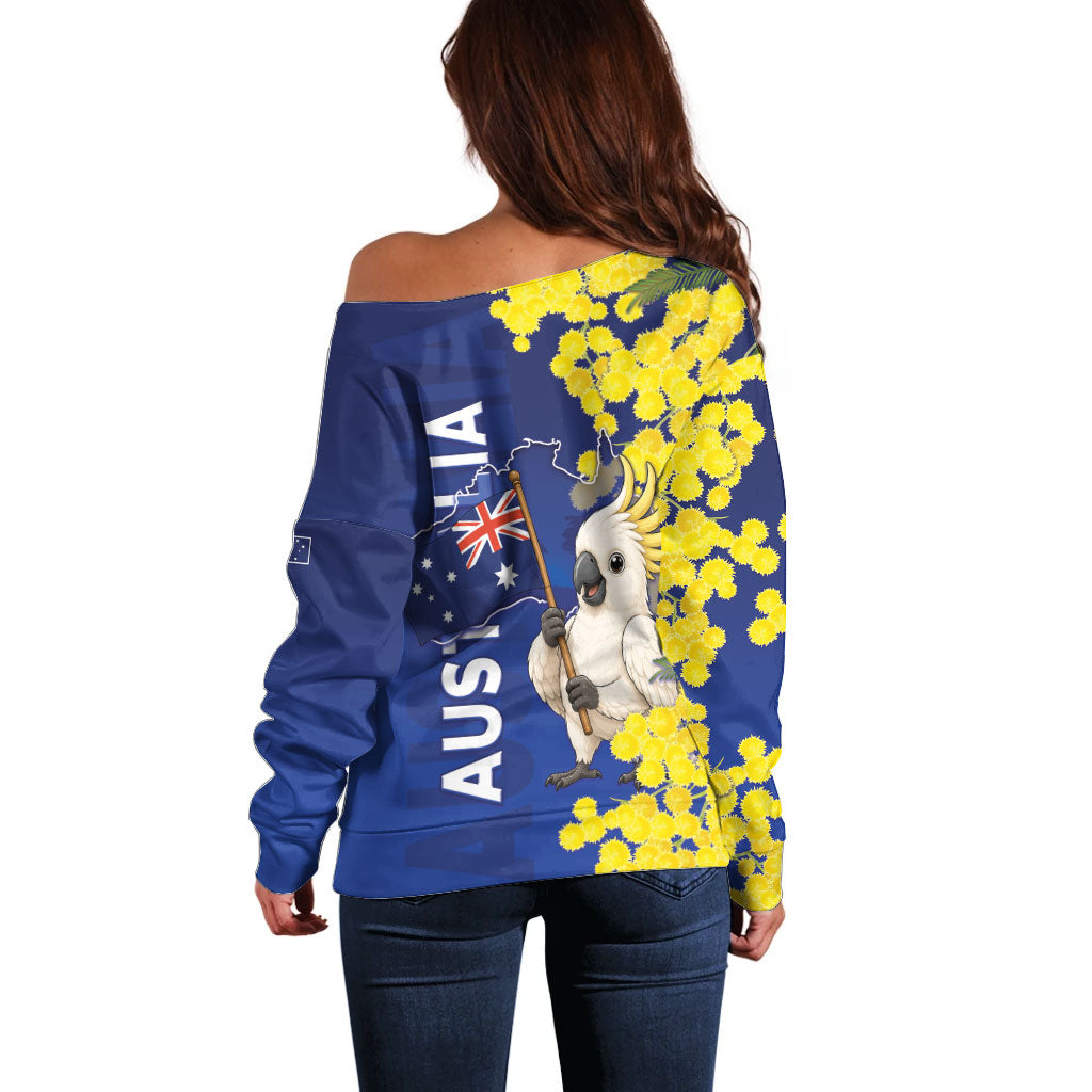 Australia Cockatoo Off Shoulder Sweater Aussie Flag With Golden Wattle