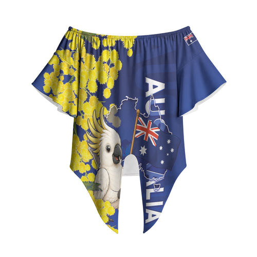 Australia Cockatoo Off Shoulder Wrap Waist Top Aussie Flag With Golden Wattle