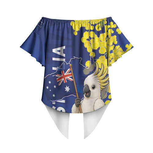 Australia Cockatoo Off Shoulder Wrap Waist Top Aussie Flag With Golden Wattle