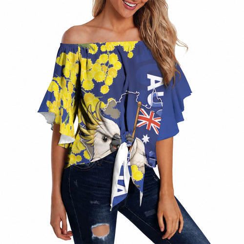 Australia Cockatoo Off Shoulder Wrap Waist Top Aussie Flag With Golden Wattle