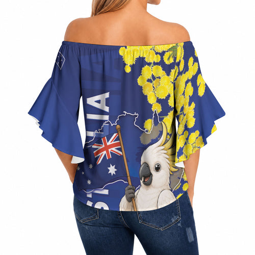 Australia Cockatoo Off Shoulder Wrap Waist Top Aussie Flag With Golden Wattle