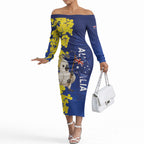 Australia Cockatoo Off The Shoulder Long Sleeve Dress Aussie Flag With Golden Wattle