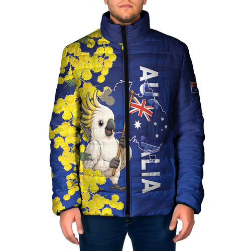 Australia Cockatoo Padded Jacket Aussie Flag With Golden Wattle