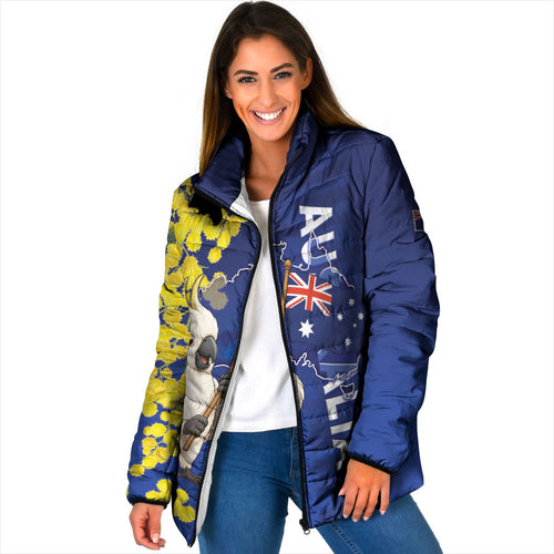 Australia Cockatoo Padded Jacket Aussie Flag With Golden Wattle
