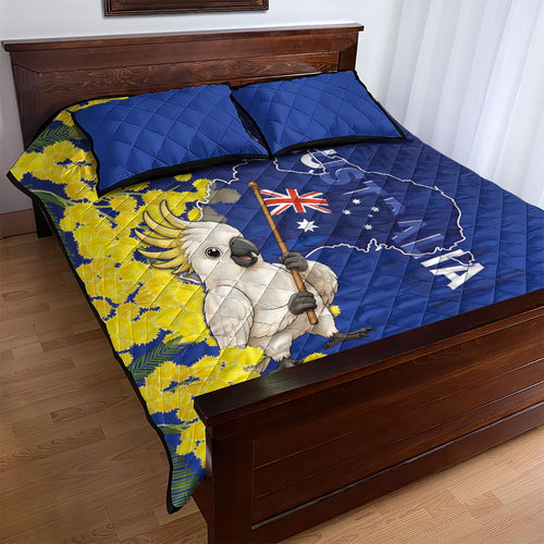 Australia Cockatoo Quilt Bed Set Aussie Flag With Golden Wattle