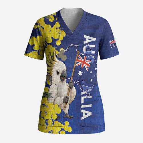 Australia Cockatoo Scrub Top Aussie Flag With Golden Wattle