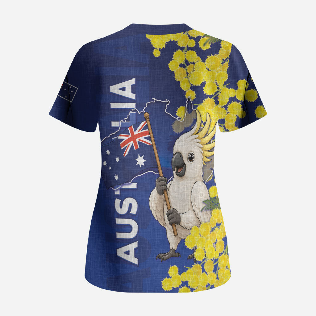 Australia Cockatoo Scrub Top Aussie Flag With Golden Wattle