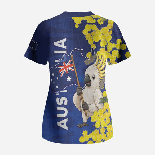 Australia Cockatoo Scrub Top Aussie Flag With Golden Wattle