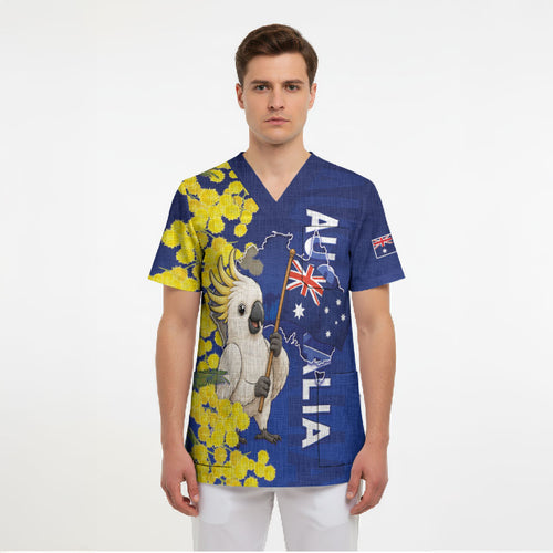 Australia Cockatoo Scrub Top Aussie Flag With Golden Wattle