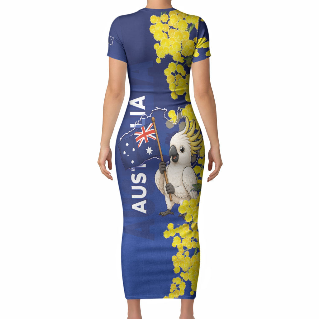 Australia Cockatoo Short Sleeve Bodycon Dress Aussie Flag With Golden Wattle