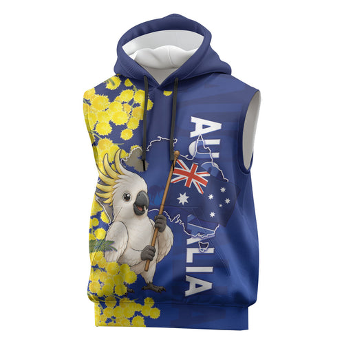 Australia Cockatoo Sleeveless Hoodie Aussie Flag With Golden Wattle