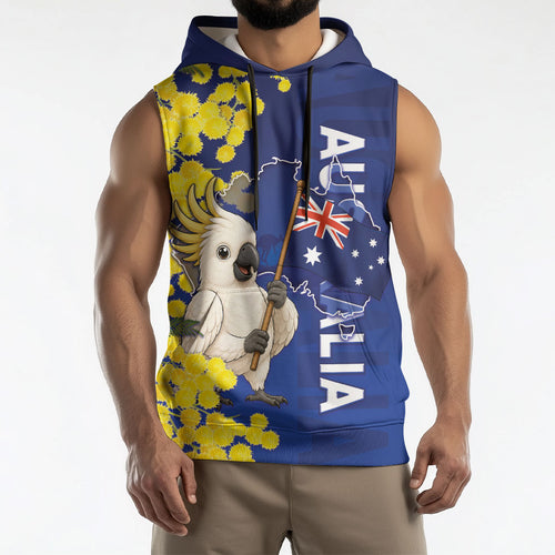 Australia Cockatoo Sleeveless Hoodie Aussie Flag With Golden Wattle