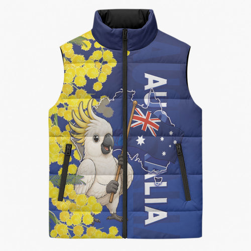 Australia Cockatoo Sleeveless Puffer Jacket Aussie Flag With Golden Wattle