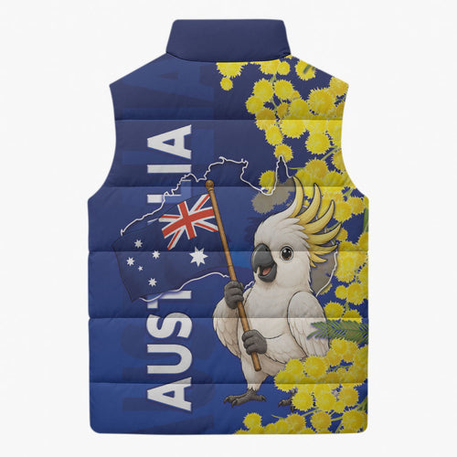 Australia Cockatoo Sleeveless Puffer Jacket Aussie Flag With Golden Wattle