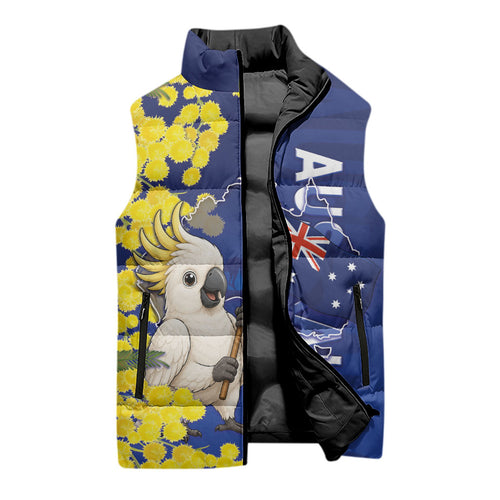 Australia Cockatoo Sleeveless Puffer Jacket Aussie Flag With Golden Wattle