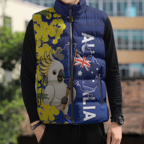 Australia Cockatoo Sleeveless Puffer Jacket Aussie Flag With Golden Wattle