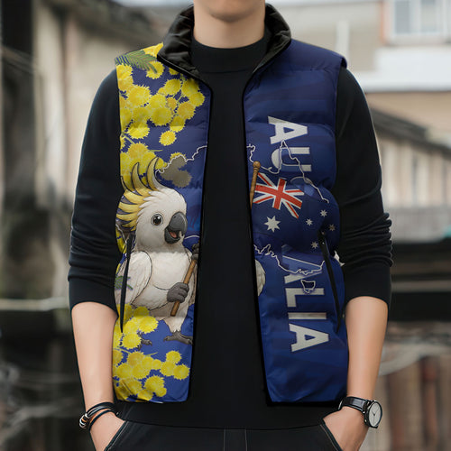 Australia Cockatoo Sleeveless Puffer Jacket Aussie Flag With Golden Wattle