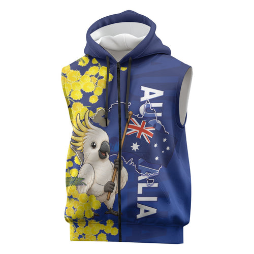 Australia Cockatoo Sleeveless Zip Hoodie Aussie Flag With Golden Wattle
