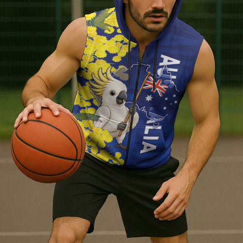 Australia Cockatoo Sleeveless Zip Hoodie Aussie Flag With Golden Wattle