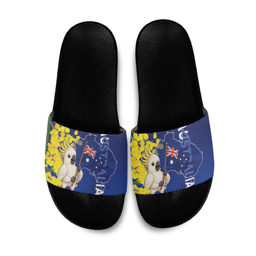 Australia Cockatoo Slide Sandals Aussie Flag With Golden Wattle