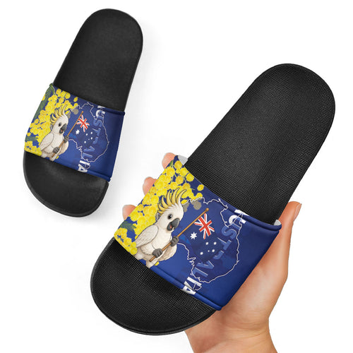 Australia Cockatoo Slide Sandals Aussie Flag With Golden Wattle