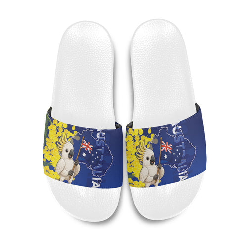 Australia Cockatoo Slide Sandals Aussie Flag With Golden Wattle