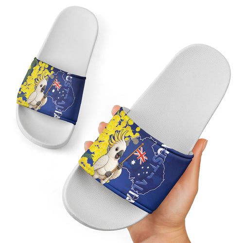 Australia Cockatoo Slide Sandals Aussie Flag With Golden Wattle