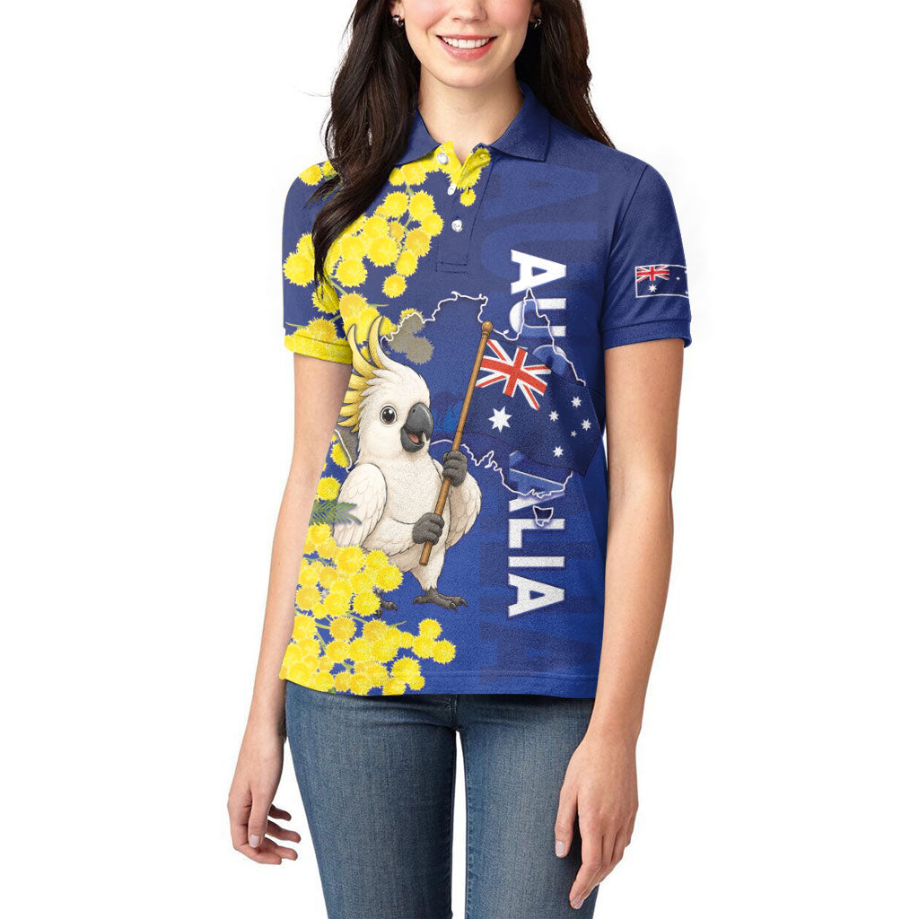 Australia Cockatoo Women Polo Shirt Aussie Flag With Golden Wattle