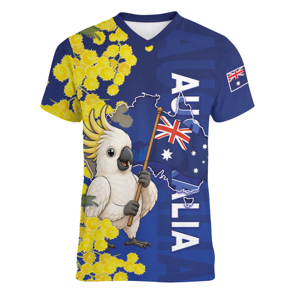Australia Cockatoo Women V-Neck T-Shirt Aussie Flag With Golden Wattle