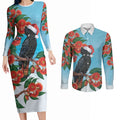Australia Cockatoo Festive Christmas Couples Matching Long Sleeve Bodycon Dress and Long Sleeve Button Shirt