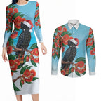 Australia Cockatoo Festive Christmas Couples Matching Long Sleeve Bodycon Dress and Long Sleeve Button Shirt