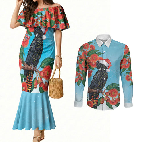 Australia Cockatoo Festive Christmas Couples Matching Mermaid Dress and Long Sleeve Button Shirt