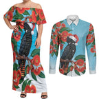 Australia Cockatoo Festive Christmas Couples Matching Off Shoulder Maxi Dress and Long Sleeve Button Shirt