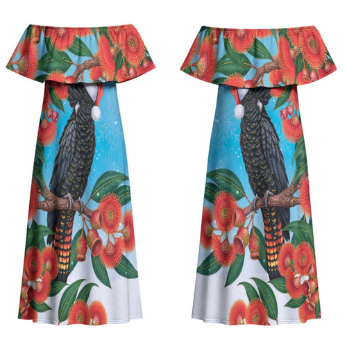 Australia Cockatoo Festive Christmas Couples Matching Off Shoulder Maxi Dress and Long Sleeve Button Shirt