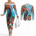 Australia Cockatoo Festive Christmas Couples Matching Off The Shoulder Long Sleeve Dress and Long Sleeve Button Shirt