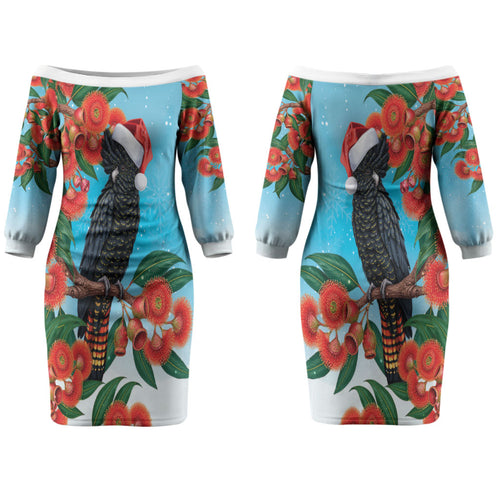 Australia Cockatoo Festive Christmas Couples Matching Off The Shoulder Long Sleeve Dress and Long Sleeve Button Shirt