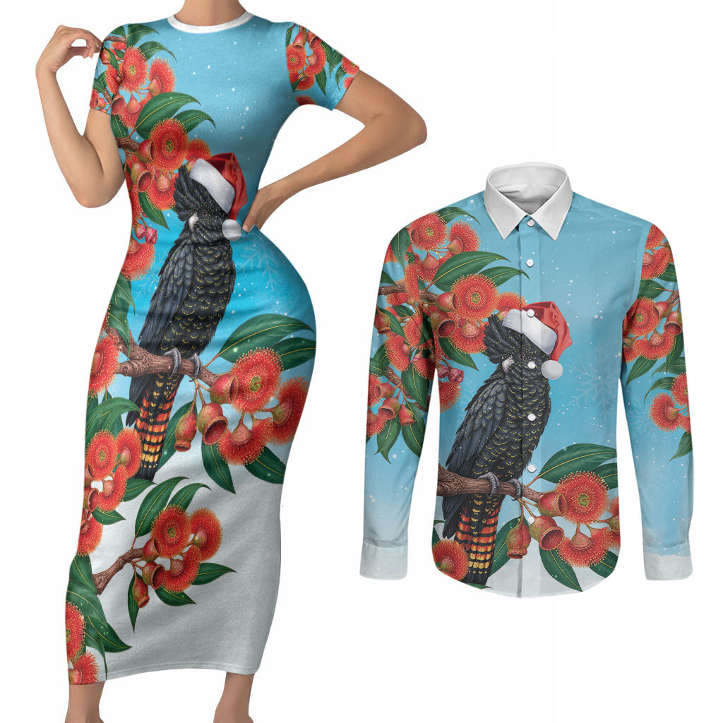 Australia Cockatoo Festive Christmas Couples Matching Short Sleeve Bodycon Dress and Long Sleeve Button Shirt
