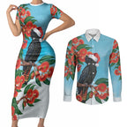 Australia Cockatoo Festive Christmas Couples Matching Short Sleeve Bodycon Dress and Long Sleeve Button Shirt