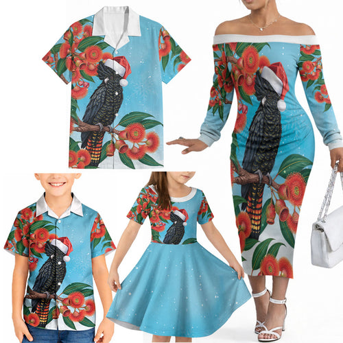 Australia Cockatoo Festive Christmas Family Matching Off The Shoulder Long Sleeve Dress and Hawaiian Shirt