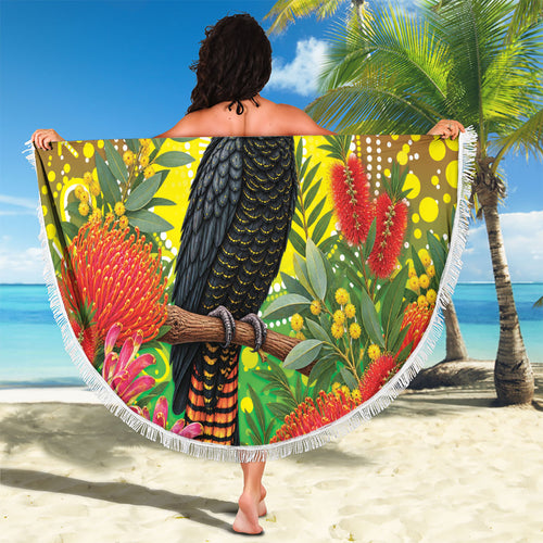 Australia Christmas Black Cockatoo Beach Blanket Aboriginal Art
