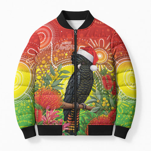 Australia Christmas Black Cockatoo Bomber Puffer Jacket Aboriginal Art