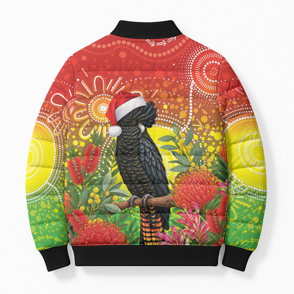 Australia Christmas Black Cockatoo Bomber Puffer Jacket Aboriginal Art