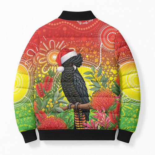 Australia Christmas Black Cockatoo Bomber Puffer Jacket Aboriginal Art