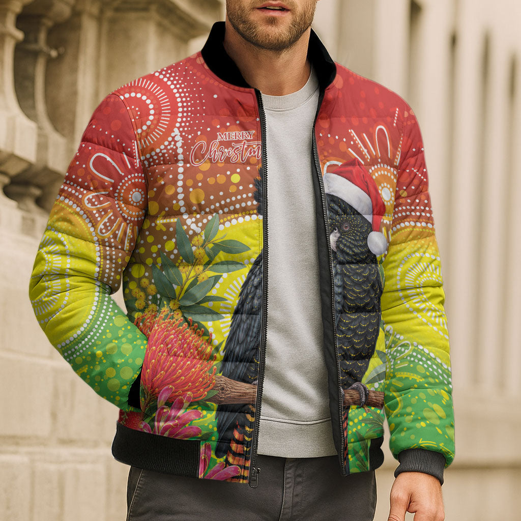 Australia Christmas Black Cockatoo Bomber Puffer Jacket Aboriginal Art