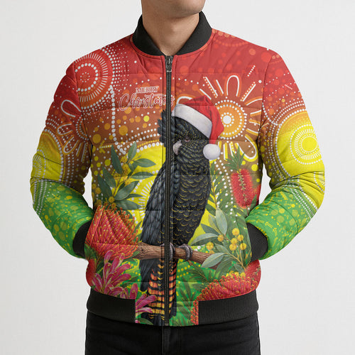 Australia Christmas Black Cockatoo Bomber Puffer Jacket Aboriginal Art