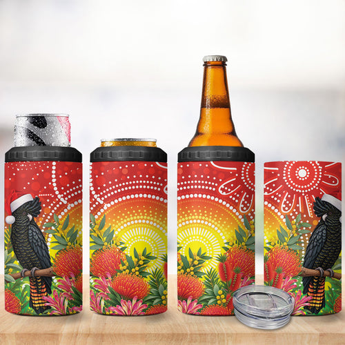 Australia Christmas Black Cockatoo 4 in 1 Can Cooler Tumbler Aboriginal Art