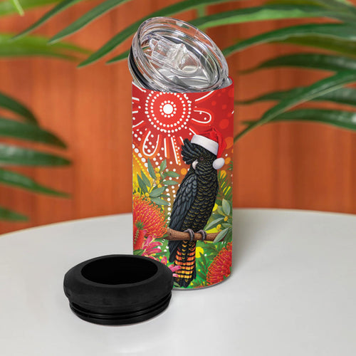 Australia Christmas Black Cockatoo 4 in 1 Can Cooler Tumbler Aboriginal Art