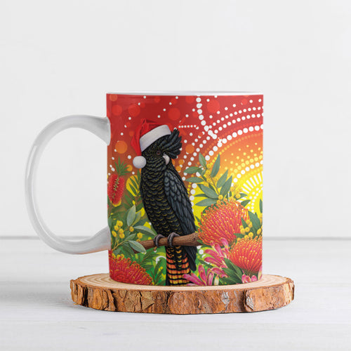 Australia Christmas Black Cockatoo Ceramic Mug Aboriginal Art