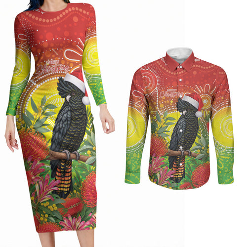 Australia Christmas Black Cockatoo Couples Matching Long Sleeve Bodycon Dress and Long Sleeve Button Shirt Aboriginal Art
