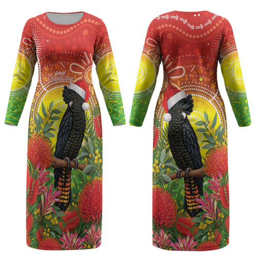 Australia Christmas Black Cockatoo Couples Matching Long Sleeve Bodycon Dress and Long Sleeve Button Shirt Aboriginal Art